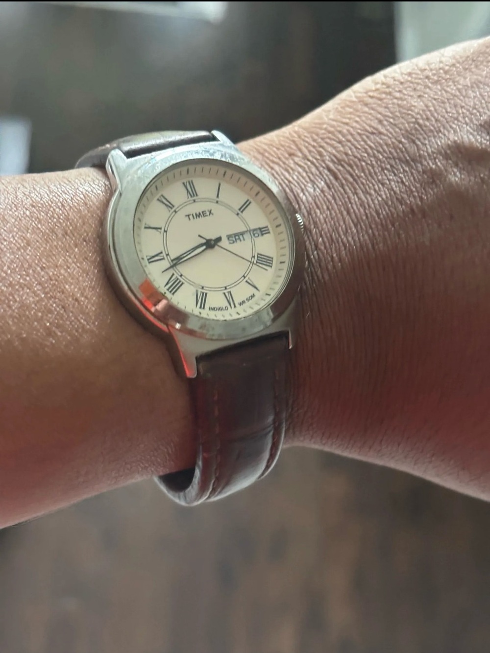 Timex Silver Case Watch with Cream Dial and Brown Leather Strap - Picture 2 of 5